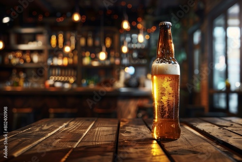 A bottle of beer sitting on top of a wooden table
