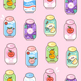 Soda cans seamless pattern. Vector illustration of various fruit flavored soft drinks. Sweet carbonated summer beverages in colorful cute style.