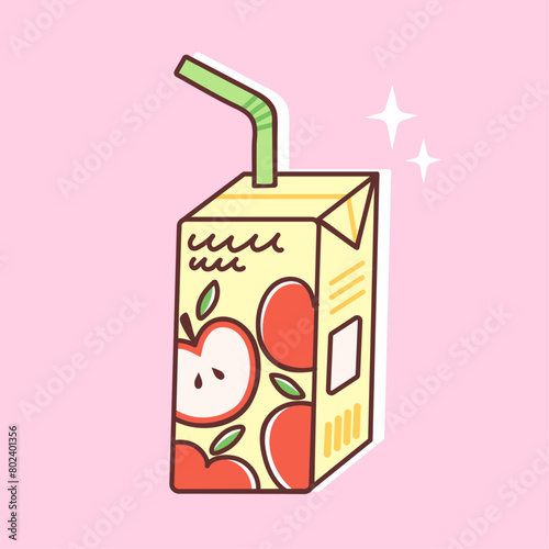 Apple juice box with a straw. Vector illustration of a sweet fruit drink in a cute packaging. Quick snack in trendy flat style.