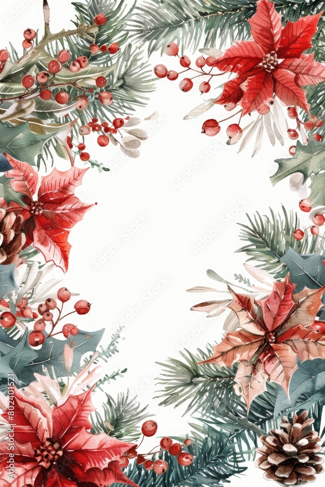 Festive watercolor illustration of a holiday wreath. Perfect for Christmas decorations Festive watercolor illustration of a holiday wreath. Perfect for Christmas decorations