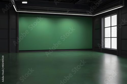 Photo and video studio with black walls, glass windows, black polished concrete floor, dark green backdrop, created with AI, generative AI