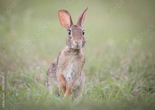 Selective focus of an Eastern cottontail rabbit, Sylvilagus floridanus on a grass photo