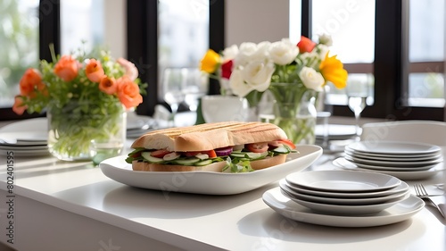 On the table  a minimalist centerpiece of fresh flowers in a simple vase adds a touch of nature and freshness to the scene. The tableware  perhaps in a matching black and white theme  is elegantly arr