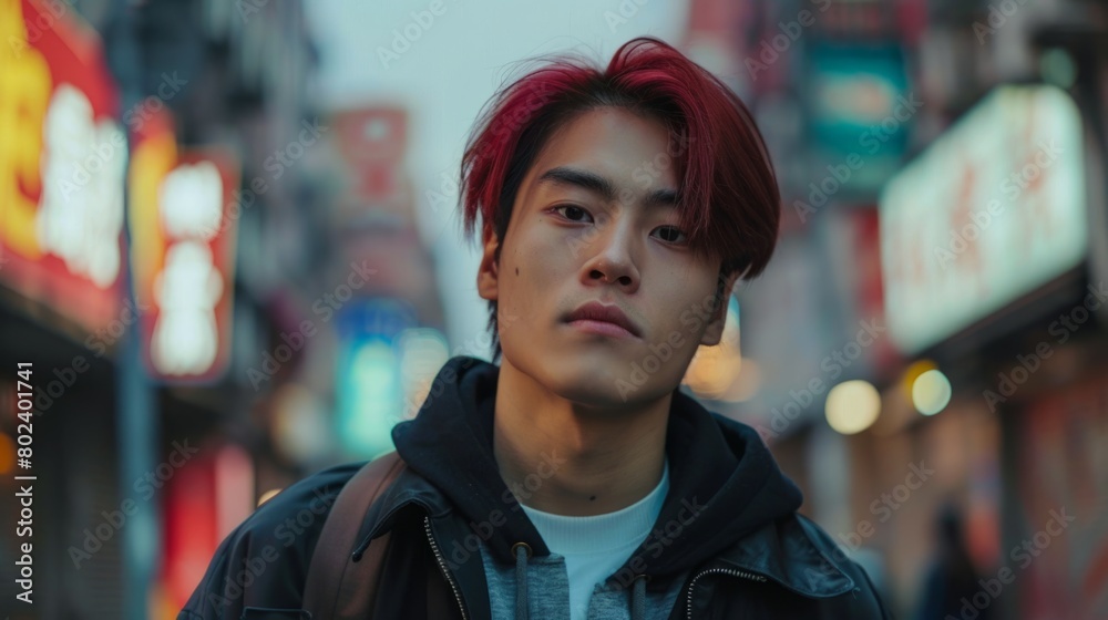 Fototapeta premium Teen Chinese Man with Red Straight Hair 1990s style Illustration.