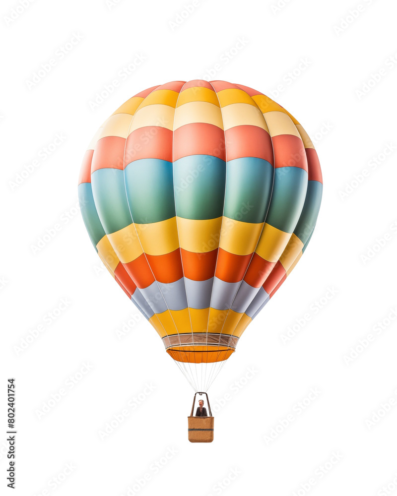 Fototapeta premium A vibrant hot air balloon, with colorful stripes, floating gracefully, basket attached, against a white background. Generative AI