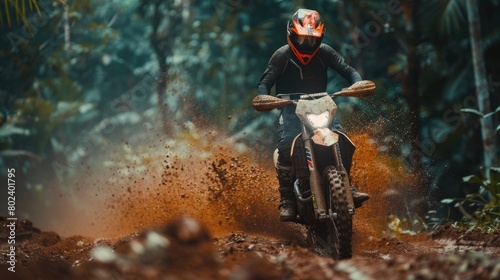 A man riding a dirt bike through a forest, suitable for outdoor adventure concept
