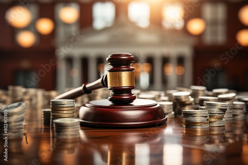 A judge's gavel sits on a table with a pile of coins