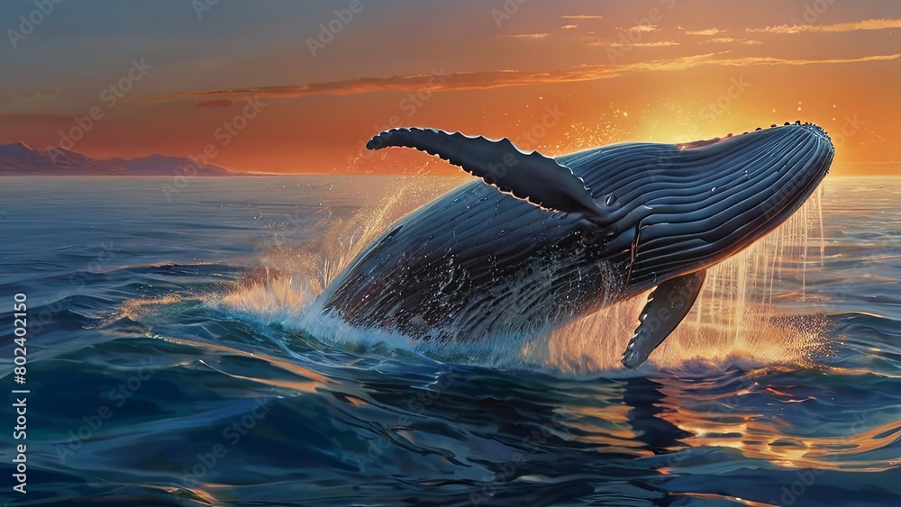 Obraz premium Anime-inspired illustration of a cute whale on a sunset