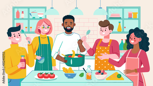 Multicultural Friends Enjoying Cooking Together in Modern Kitchen