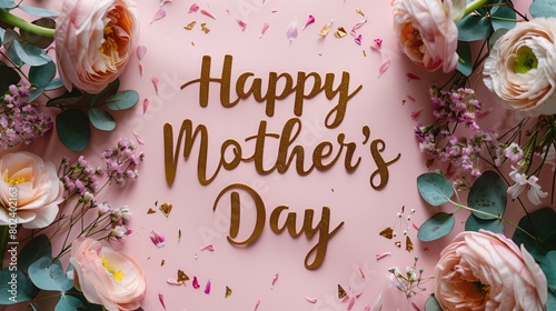 Pink background with flowers and Happy Mothers Day in handwritten font #802402163