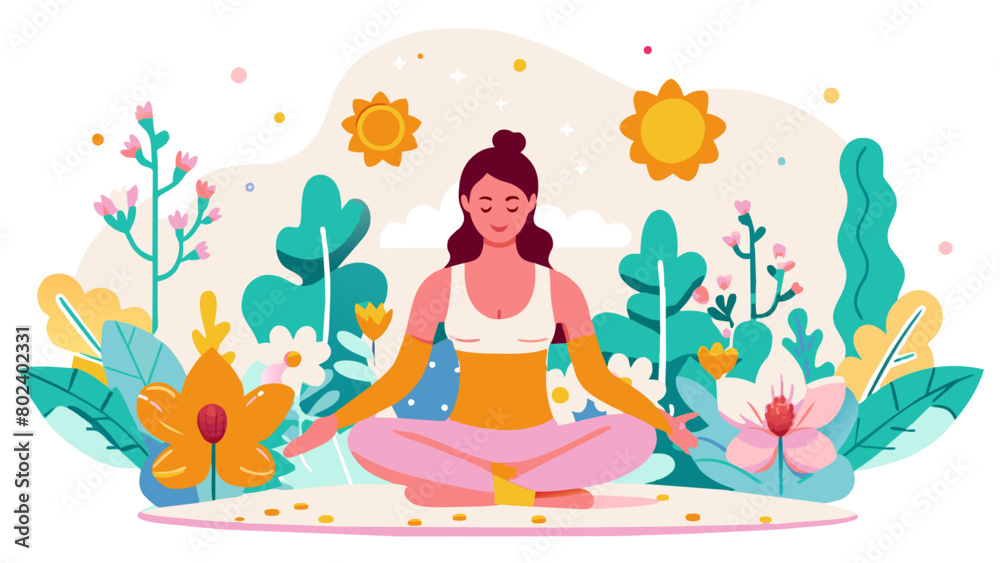 Serene Woman Practicing Yoga in Blossoming Garden Illustration Serene Woman Practicing Yoga in Blossoming Garden Illustration