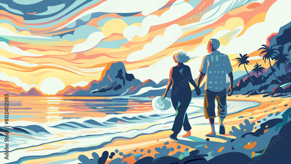 Fototapeta premium Serene Beachside Stroll at Sunset with Couple