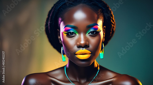 Beautiful black woman with bright neon lip stick and neon make up