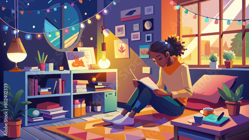 Cozy Evening Reading Session in a Warmly Lit Home Interior