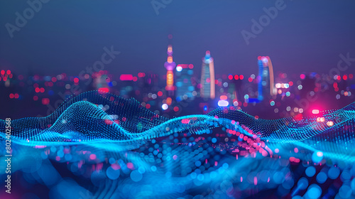 Futuristic cityscape at night with digital data flow ,Abstract polygonal city network on dark blue background 3D rendering
