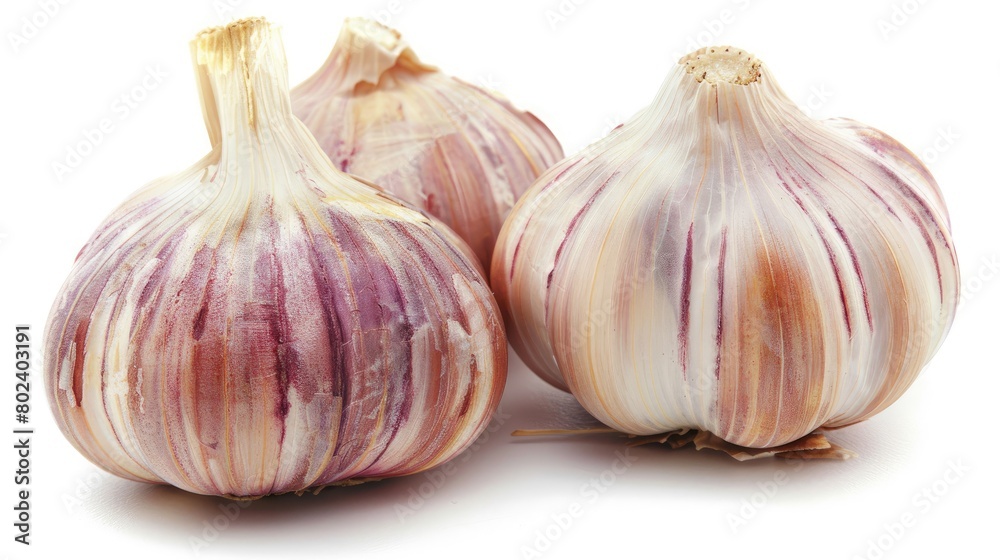 Obraz premium garlic in a studio shot, isolated against a pristine white background, capturing its texture and essence in photorealistic high-resolution photography.