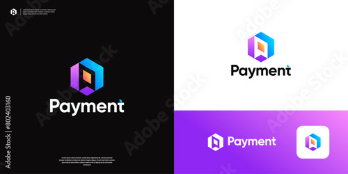 Colorful letter P payment with abstract arrow symbol transfer logo design.