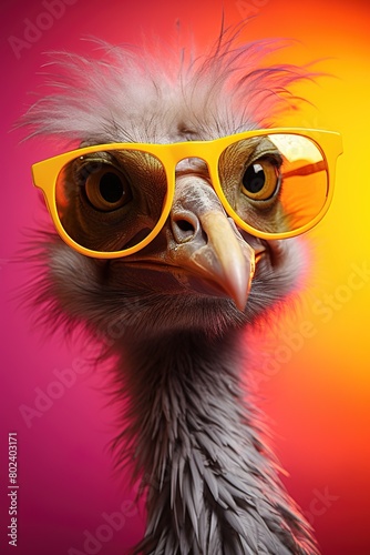 A grey ostrich in yellow sunglasses on a beak on pink yellow background