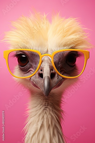 A baby ostrich wearing yellow glasses and a pink background