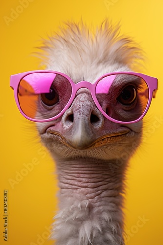A baby ostrich wearing pink sunglasses on a yellow background © Маргарита Вайс