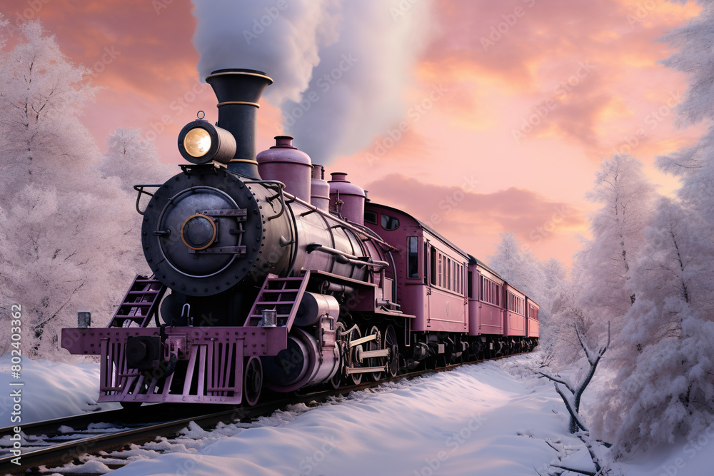 Obraz premium A train is traveling through a snowy forest landscape