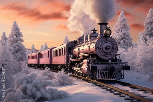 A train is traveling through a snowy landscape with a pink bright sunrise lights over it