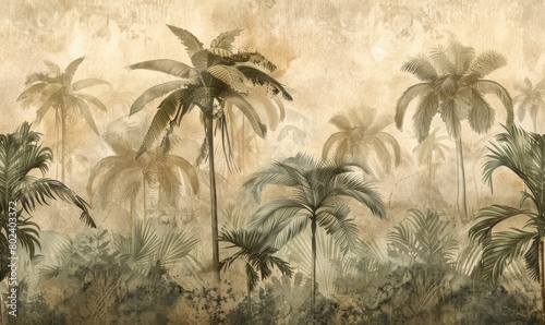 Illustration of tropical palm leaves  exotic flowers with hummingbird. Artwork for wallpaper botanical design. Wildlife and nature. Vintage paper texture.