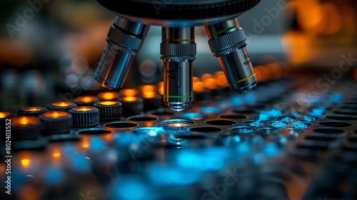 Focused scientist using a microscope. Bright colors.