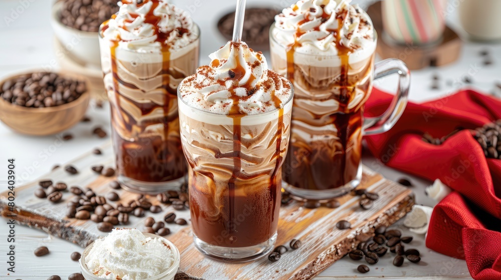 a coffee break with three drinks, a refreshing iced latte in a glass, a velvety cappuccino in a transparent mug, and a unique milk tea concoction with green leaves.