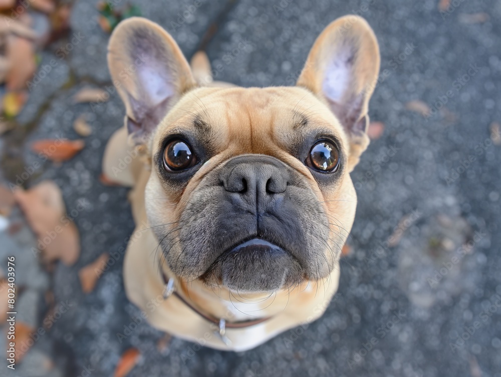 Close-up of an adorable French Bulldog looking directly at the camera with an expressive face.