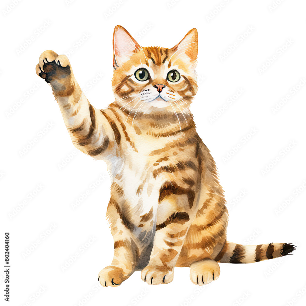 AI-Generated Watercolor cute Cat with one leg up Clip Art Illustration. Isolated elements on a white background. AI-Generated Watercolor cute Cat with one leg up Clip Art Illustration. Isolated elements on a white background.