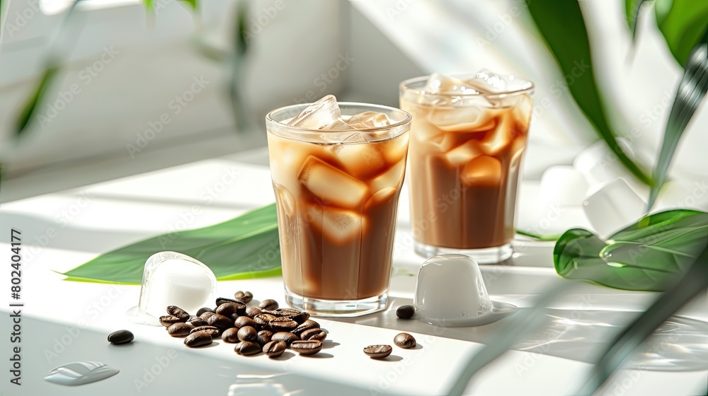 a coffee break with three drinks, a refreshing iced latte in a glass, a velvety cappuccino in a transparent mug, and a unique milk tea concoction with green leaves. a coffee break with three drinks, a refreshing iced latte in a glass, a velvety cappuccino in a transparent mug, and a unique milk tea concoction with green leaves.