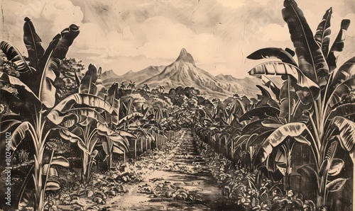 an engraving of an African plantation with tall banana trees wallpaper photo