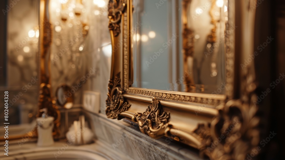 Close-up of an ornate framed mirror in a luxurious bathroom, showcasing intricate designs and reflecting a beautifully lit vanity area Close-up of an ornate framed mirror in a luxurious bathroom, showcasing intricate designs and reflecting a beautifully lit vanity area