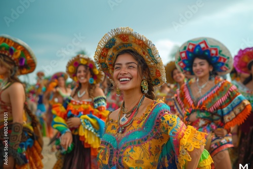 Woman in colorful traditional dress smiling during a vibrant festival parade
