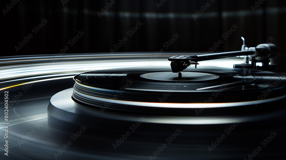 Obraz premium A turntable needle playing a vinyl record in close-up view