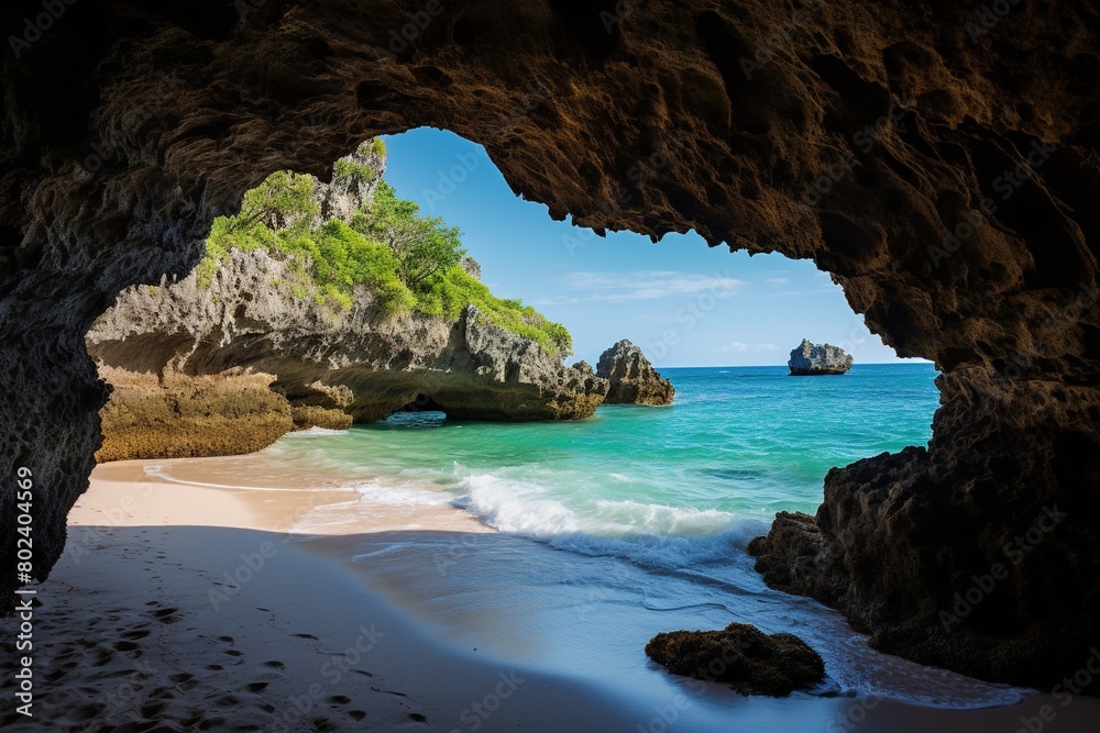 Fototapeta premium A beautiful beach with a large rock formation and a cave in the background