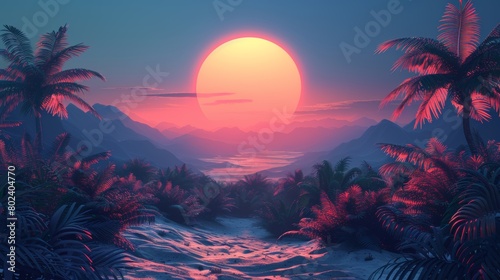 A Painting of a Sunset With Palm Trees. Generative AI