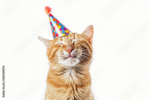 Photo of a cute smiling cat with closed eyes wearing a birthday hat. Pet's birthday celebration. The cat is on a white background, portrait.