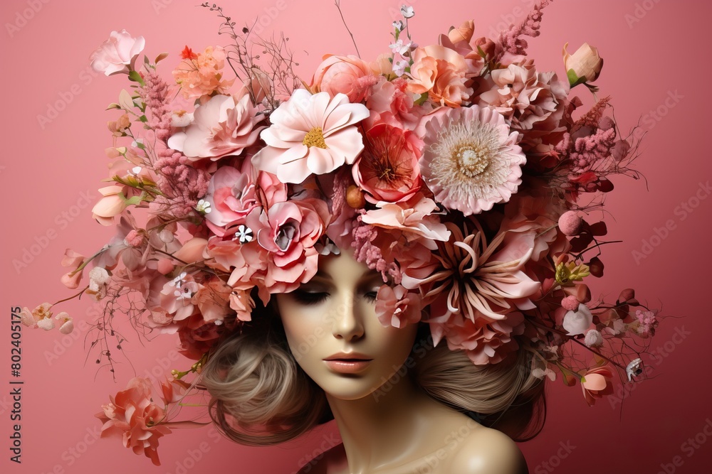 Creative portrait of a girl with a big wreath of flowers on her head.