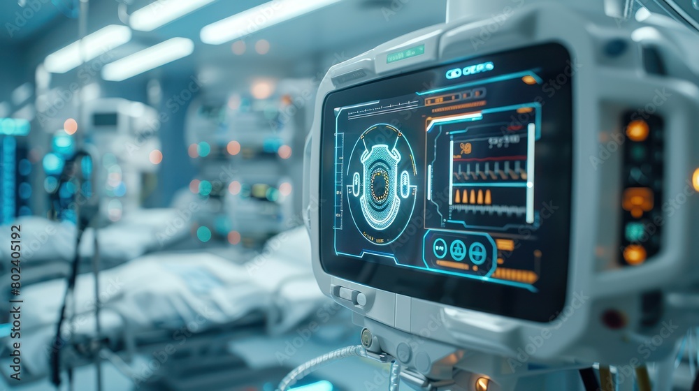 Detailed view of a smart medical device, part of the Internet of Medical Things, in a clinical setting Detailed view of a smart medical device, part of the Internet of Medical Things, in a clinical setting