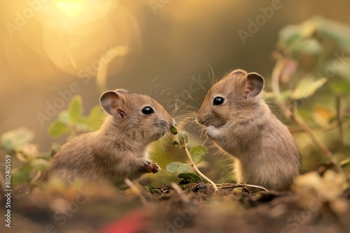 Two gerbils tenderly nibble on a plant stem against a warm, bokeh-lit background