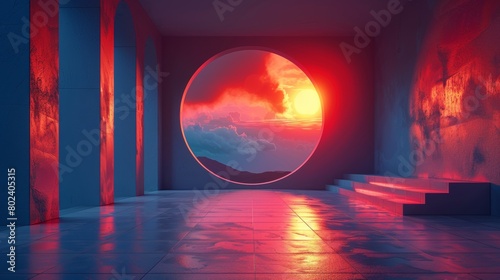 Room With a Round Window and Red Light. Generative AI photo