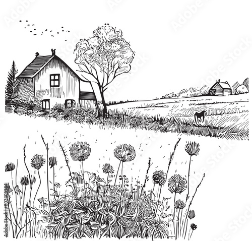 Country house on the field hand drawn sketch in doodle style Vector illustration
