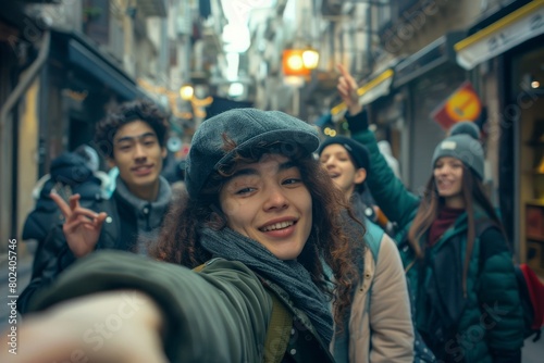 Group of young people taking a selfie in the city. They are walking on the street.