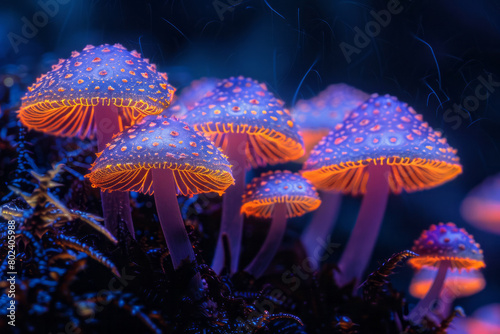 Hallucinogenic mushrooms with caps that spiral into fractal patterns  glowing under a black light 