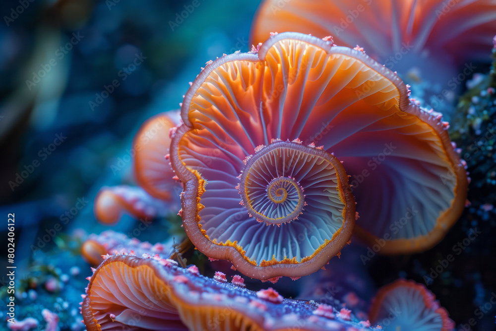 Hallucinogenic mushrooms growing in a spiral, each layer transitioning through a spectrum of neon colors, Hallucinogenic mushrooms growing in a spiral, each layer transitioning through a spectrum of neon colors,