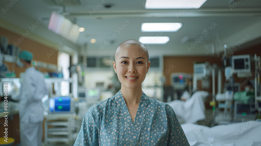 Obraz premium portrait of smiling bald young asian woman suffering from cancer in hospital