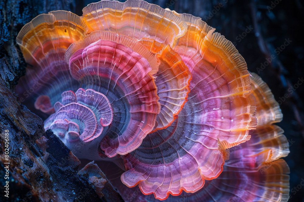 Hallucinogenic mushrooms growing in a spiral, each layer transitioning through a spectrum of neon colors, Hallucinogenic mushrooms growing in a spiral, each layer transitioning through a spectrum of neon colors,