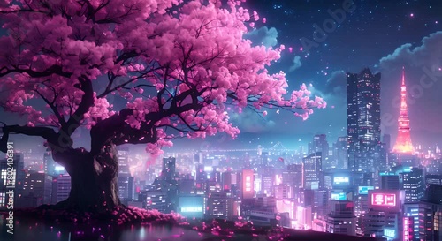 Fantasy Japanese night view city citycape, neon light, residential skyscraper buildings, pink cherry sakura tree. Night urban anime fantasy.